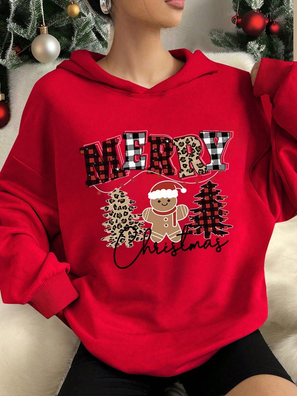 Ezwear sudadera con capucha de ajuste holgado y gruesa con estampado minimalista "feliz ano nuevo" de color rojo casual para mujer