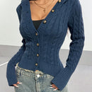Hypezone cardigan con capucha casual y versatil de otono/invierno azul marino con botones frontales de cable para mujer