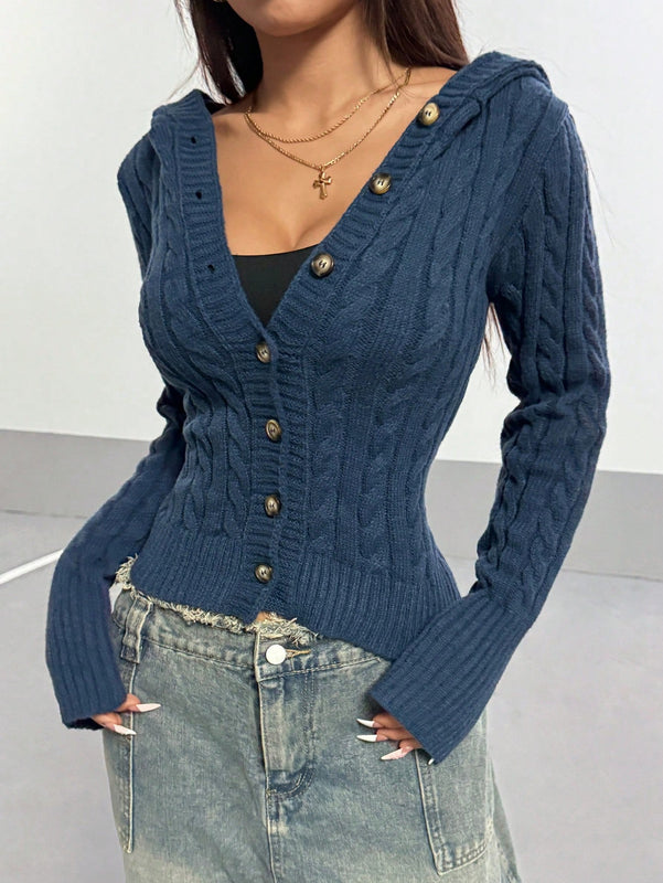 Hypezone cardigan con capucha casual y versatil de otono/invierno azul marino con botones frontales de cable para mujer