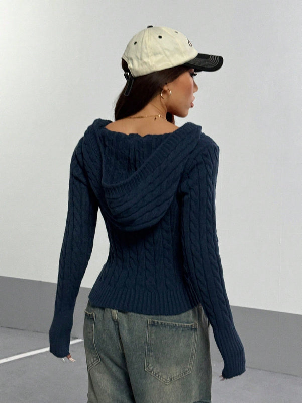 Hypezone cardigan con capucha casual y versatil de otono/invierno azul marino con botones frontales de cable para mujer