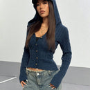 Hypezone cardigan con capucha casual y versatil de otono/invierno azul marino con botones frontales de cable para mujer
