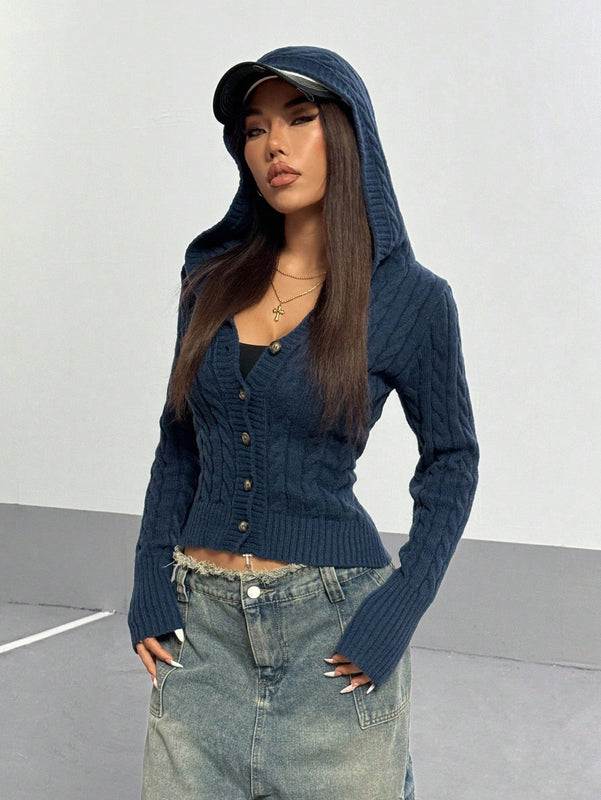 Hypezone cardigan con capucha casual y versatil de otono/invierno azul marino con botones frontales de cable para mujer