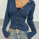 Hypezone cardigan con capucha casual y versatil de otono/invierno azul marino con botones frontales de cable para mujer