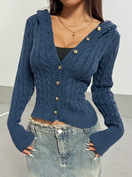 Hypezone cardigan con capucha casual y versatil de otono/invierno azul marino con botones frontales de cable para mujer