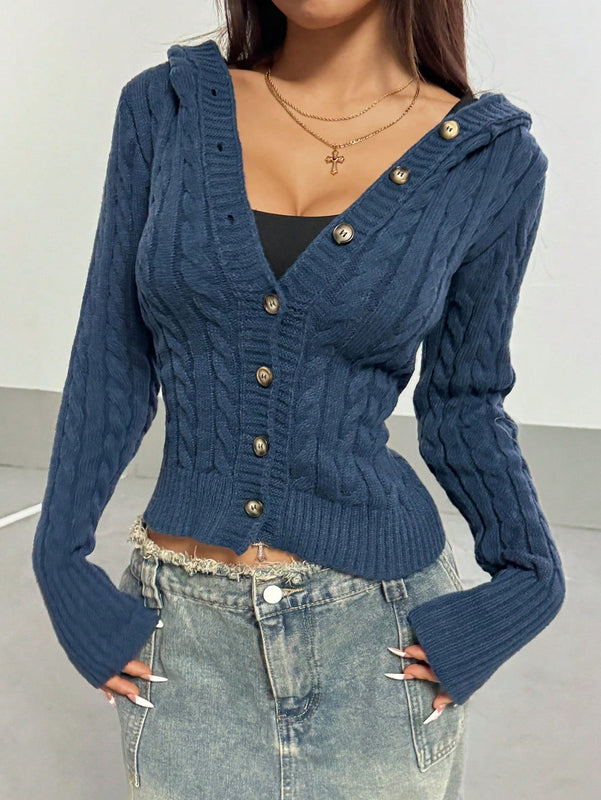 Hypezone cardigan con capucha casual y versatil de otono/invierno azul marino con botones frontales de cable para mujer