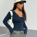 Hypezone cardigan con capucha casual y versatil de otono/invierno azul marino con botones frontales de cable para mujer