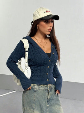 Hypezone cardigan con capucha casual y versatil de otono/invierno azul marino con botones frontales de cable para mujer