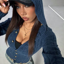 Hypezone cardigan con capucha casual y versatil de otono/invierno azul marino con botones frontales de cable para mujer