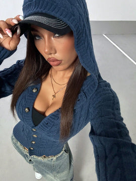 Hypezone cardigan con capucha casual y versatil de otono/invierno azul marino con botones frontales de cable para mujer