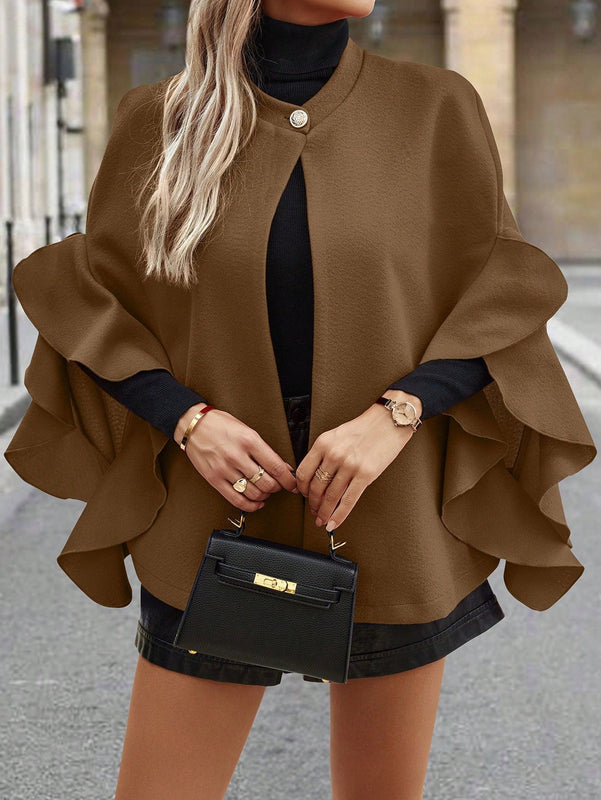 Clasi abrigo de lana elegante con cuello vuelto y abotonadura sencilla, en unicolor, para mujer, para otono/invierno