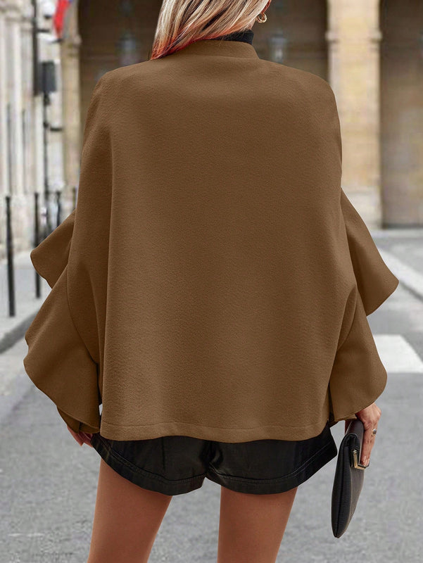 Clasi abrigo de lana elegante con cuello vuelto y abotonadura sencilla, en unicolor, para mujer, para otono/invierno
