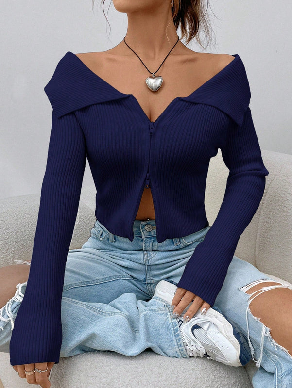 Ezwear chaqueta tipo cardigan de ajuste cenido con hombros descubiertos y cremallera