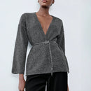 Luminelle chaqueta cardigan envolvente de gasa con estampado floral gris y blanco, suelta y acogedora para otono/invierno