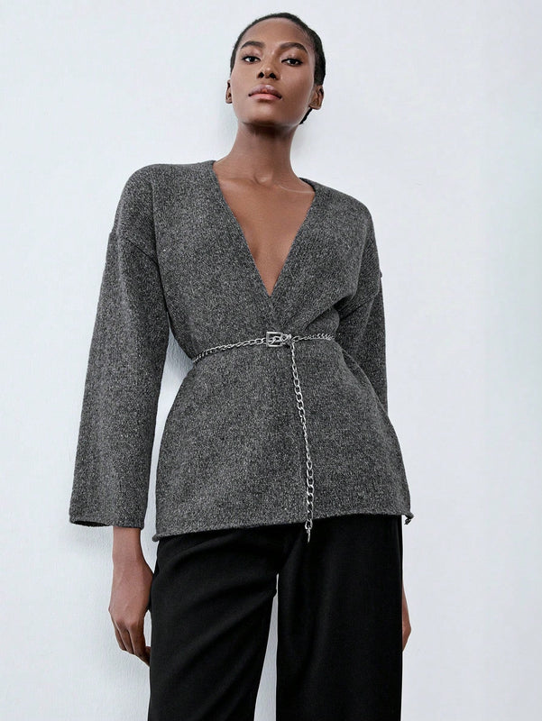 Luminelle chaqueta cardigan envolvente de gasa con estampado floral gris y blanco, suelta y acogedora para otono/invierno