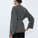 Luminelle chaqueta cardigan envolvente de gasa con estampado floral gris y blanco, suelta y acogedora para otono/invierno
