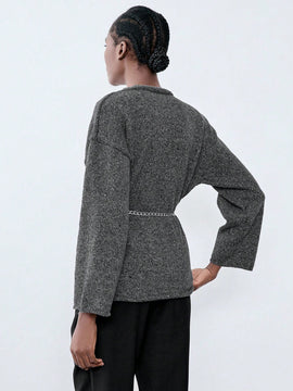 Luminelle chaqueta cardigan envolvente de gasa con estampado floral gris y blanco, suelta y acogedora para otono/invierno