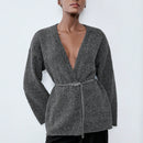 Luminelle chaqueta cardigan envolvente de gasa con estampado floral gris y blanco, suelta y acogedora para otono/invierno