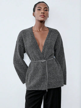 Luminelle chaqueta cardigan envolvente de gasa con estampado floral gris y blanco, suelta y acogedora para otono/invierno