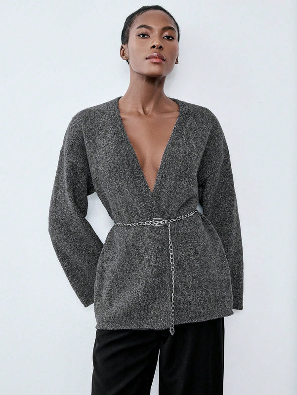 Luminelle chaqueta cardigan envolvente de gasa con estampado floral gris y blanco, suelta y acogedora para otono/invierno