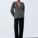 Luminelle chaqueta cardigan envolvente de gasa con estampado floral gris y blanco, suelta y acogedora para otono/invierno
