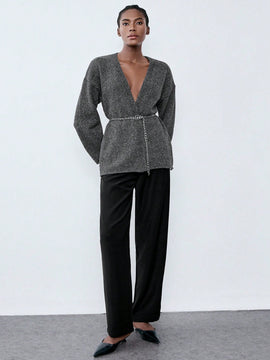 Luminelle chaqueta cardigan envolvente de gasa con estampado floral gris y blanco, suelta y acogedora para otono/invierno
