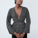 Luminelle chaqueta cardigan envolvente de gasa con estampado floral gris y blanco, suelta y acogedora para otono/invierno