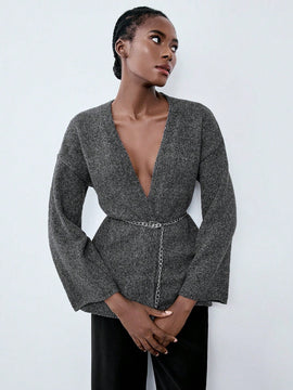 Luminelle chaqueta cardigan envolvente de gasa con estampado floral gris y blanco, suelta y acogedora para otono/invierno