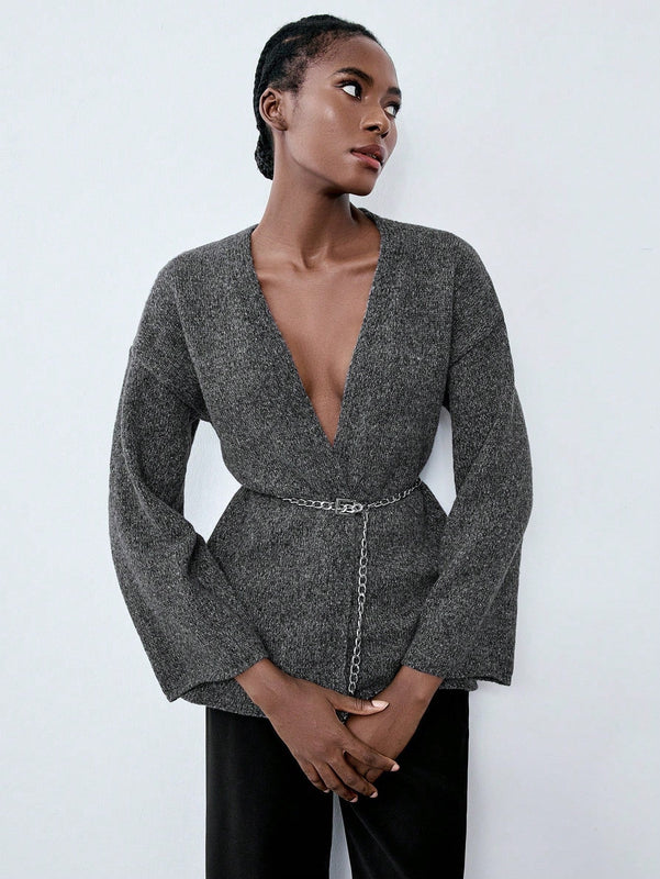 Luminelle chaqueta cardigan envolvente de gasa con estampado floral gris y blanco, suelta y acogedora para otono/invierno