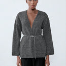 Luminelle chaqueta cardigan envolvente de gasa con estampado floral gris y blanco, suelta y acogedora para otono/invierno
