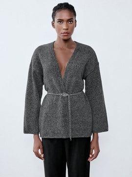 Luminelle chaqueta cardigan envolvente de gasa con estampado floral gris y blanco, suelta y acogedora para otono/invierno