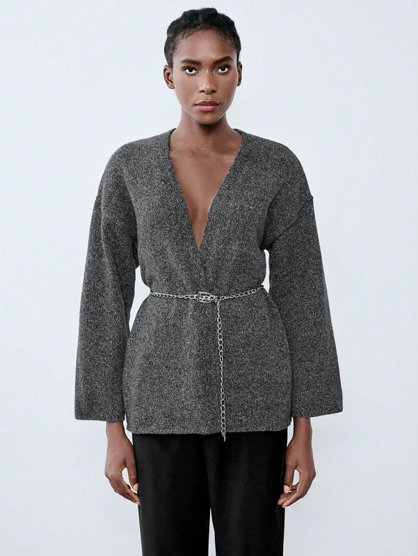 Luminelle chaqueta cardigan envolvente de gasa con estampado floral gris y blanco, suelta y acogedora para otono/invierno