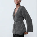 Luminelle chaqueta cardigan envolvente de gasa con estampado floral gris y blanco, suelta y acogedora para otono/invierno