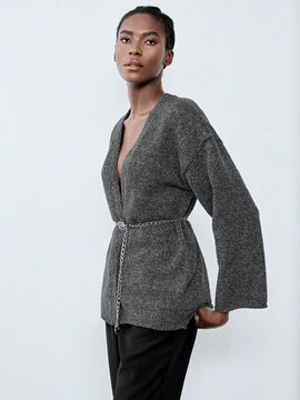 Luminelle chaqueta cardigan envolvente de gasa con estampado floral gris y blanco, suelta y acogedora para otono/invierno