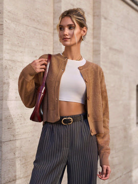 Cardigan con detalles de encaje de unicolor para mujer, apropiado para primavera y otono