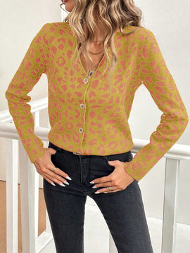 Lune cardigan de mujer con estampado de leopardo, cuello en v, manga larga y abotonadura sencilla, para otono/invierno