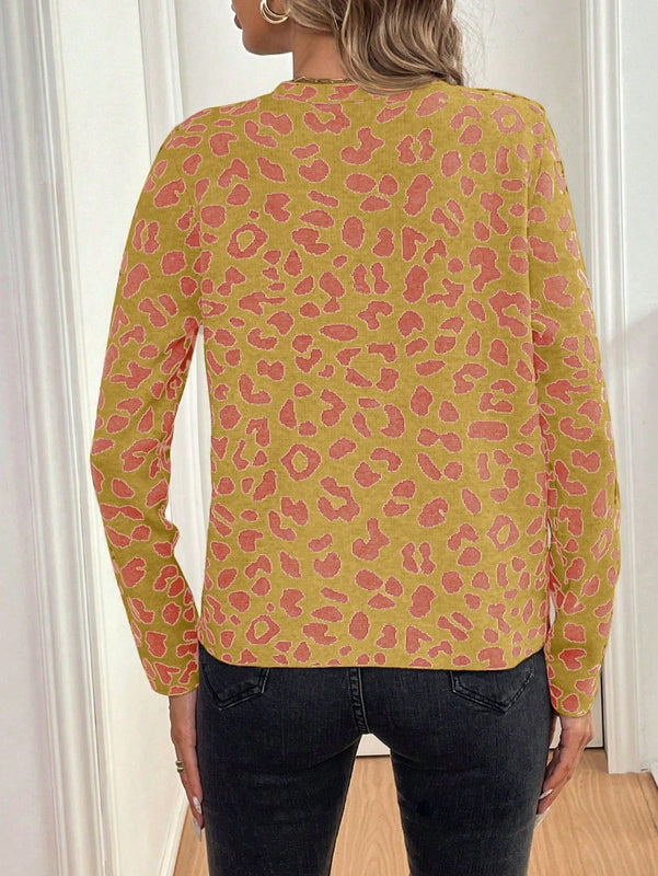 Lune cardigan de mujer con estampado de leopardo, cuello en v, manga larga y abotonadura sencilla, para otono/invierno