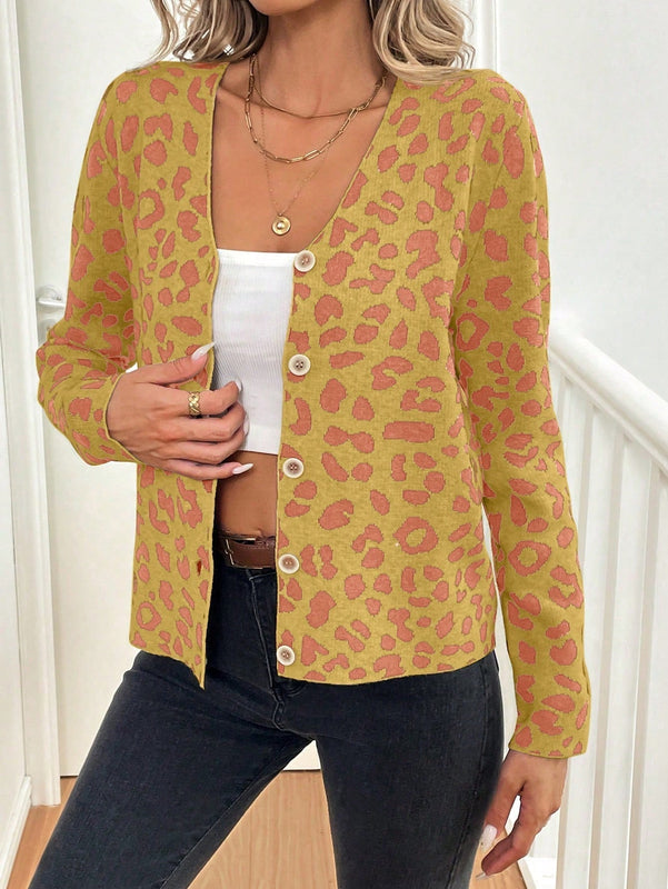 Lune cardigan de mujer con estampado de leopardo, cuello en v, manga larga y abotonadura sencilla, para otono/invierno