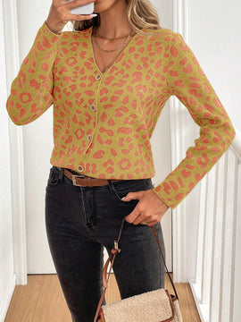 Lune cardigan de mujer con estampado de leopardo, cuello en v, manga larga y abotonadura sencilla, para otono/invierno