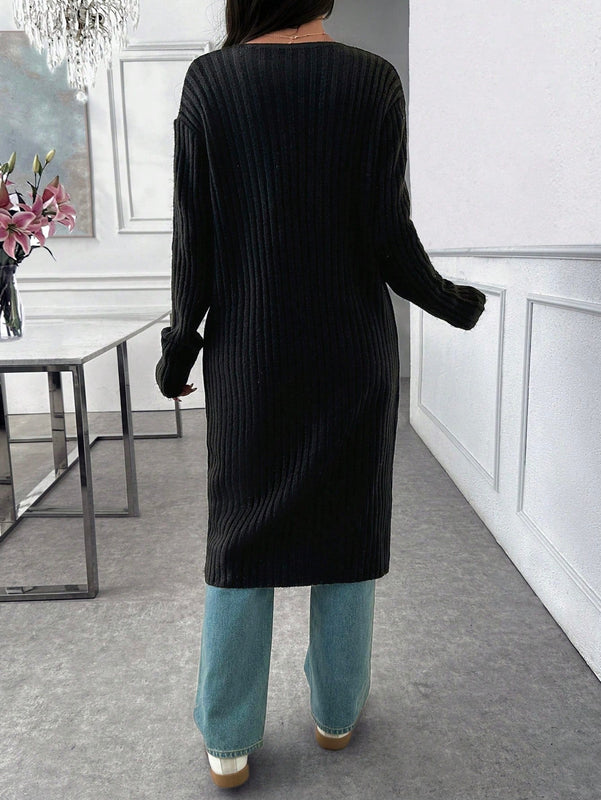 Cardigan casual de color liso de largo medio, otono/invierno