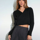 Trndy cardigan de punto con textura, cuello en v y lazada lateral superpuesta para mujer, uso casual para otono/invierno