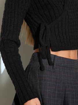 Trndy cardigan de punto con textura, cuello en v y lazada lateral superpuesta para mujer, uso casual para otono/invierno