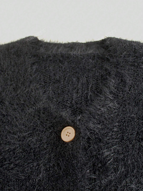 Cardigan de manga larga con botones con estampado de grano de madera y cuello en v, unicolor, informal, calido y elegante, para otono/invierno
