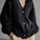 Cardigan de manga larga con botones con estampado de grano de madera y cuello en v, unicolor, informal, calido y elegante, para otono/invierno