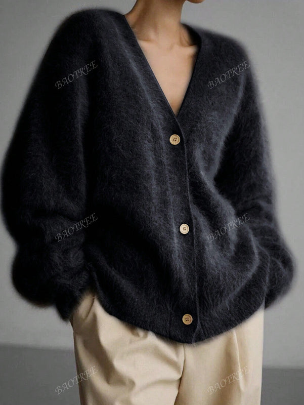 Cardigan de manga larga con botones con estampado de grano de madera y cuello en v, unicolor, informal, calido y elegante, para otono/invierno