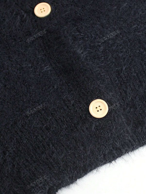 Cardigan de manga larga con botones con estampado de grano de madera y cuello en v, unicolor, informal, calido y elegante, para otono/invierno
