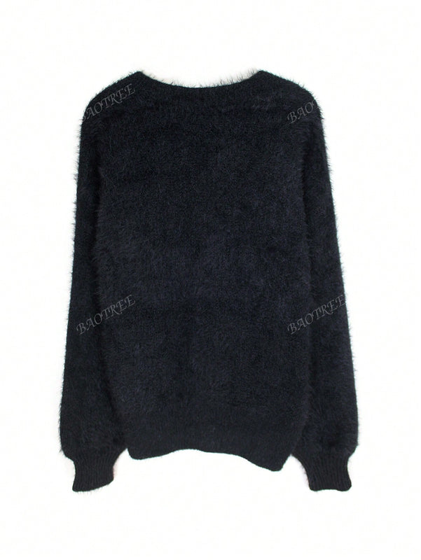 Cardigan de manga larga con botones con estampado de grano de madera y cuello en v, unicolor, informal, calido y elegante, para otono/invierno