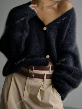 Cardigan de manga larga con botones con estampado de grano de madera y cuello en v, unicolor, informal, calido y elegante, para otono/invierno