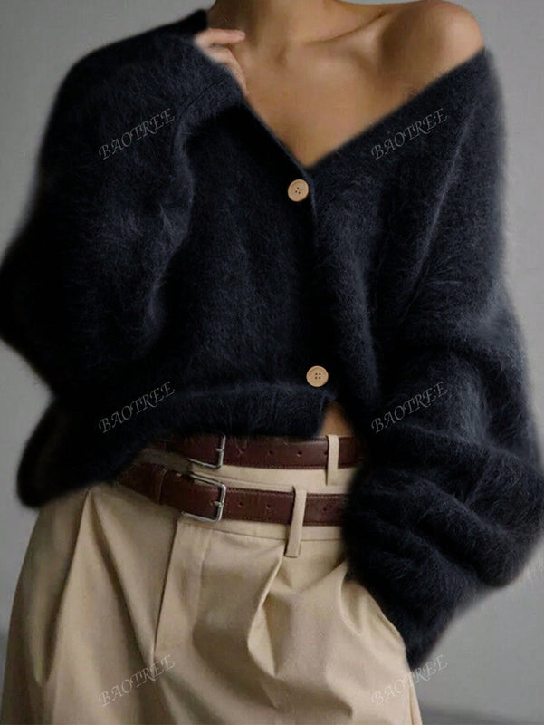 Cardigan de manga larga con botones con estampado de grano de madera y cuello en v, unicolor, informal, calido y elegante, para otono/invierno