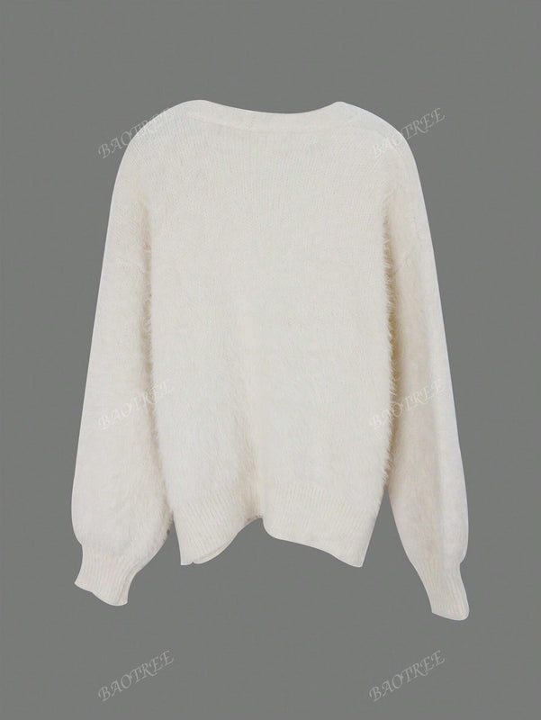 Cardigan de manga larga con botones con estampado de grano de madera y cuello en v, unicolor, informal, calido y elegante, para otono/invierno