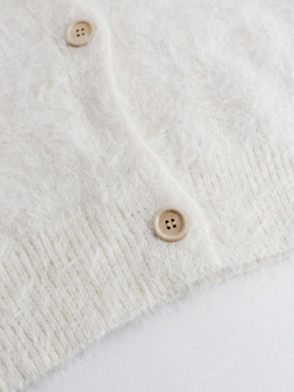 Cardigan de manga larga con botones con estampado de grano de madera y cuello en v, unicolor, informal, calido y elegante, para otono/invierno